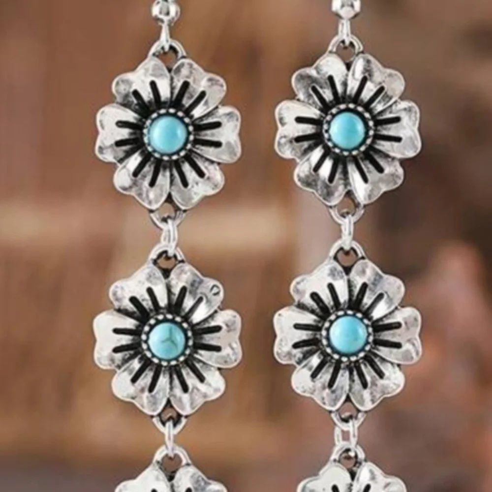 Silver Turquoise Floral Drop Dangle Western Earrings - Picture 4 of 4